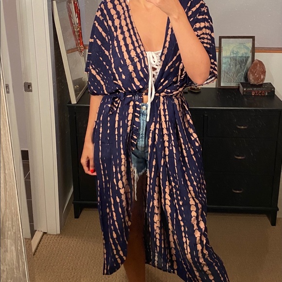 Blue & Peach Long Wrap Dress Kimono - Picture 9 of 11